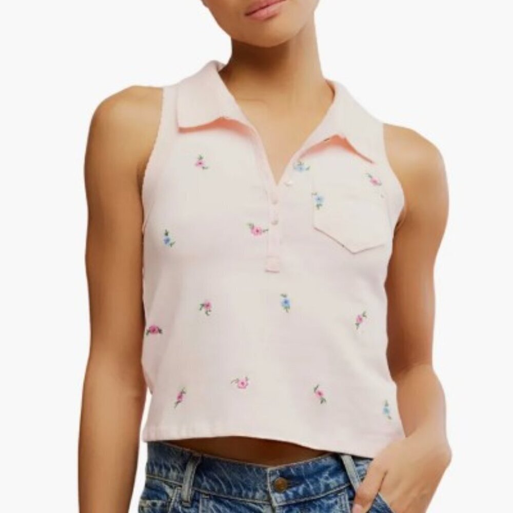 Free People “Pepper” Embroidered Crop Sleeveless Polo – Size XS,S